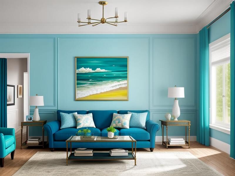 Bright, modern living room with ocean theme.