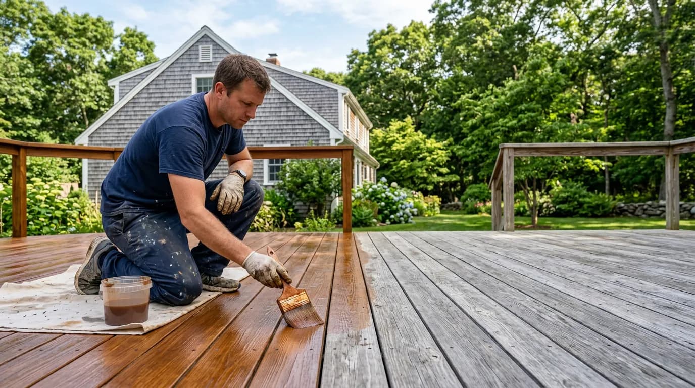 Painter applying cedar stain to a weathered wood deck in New Bedford MA