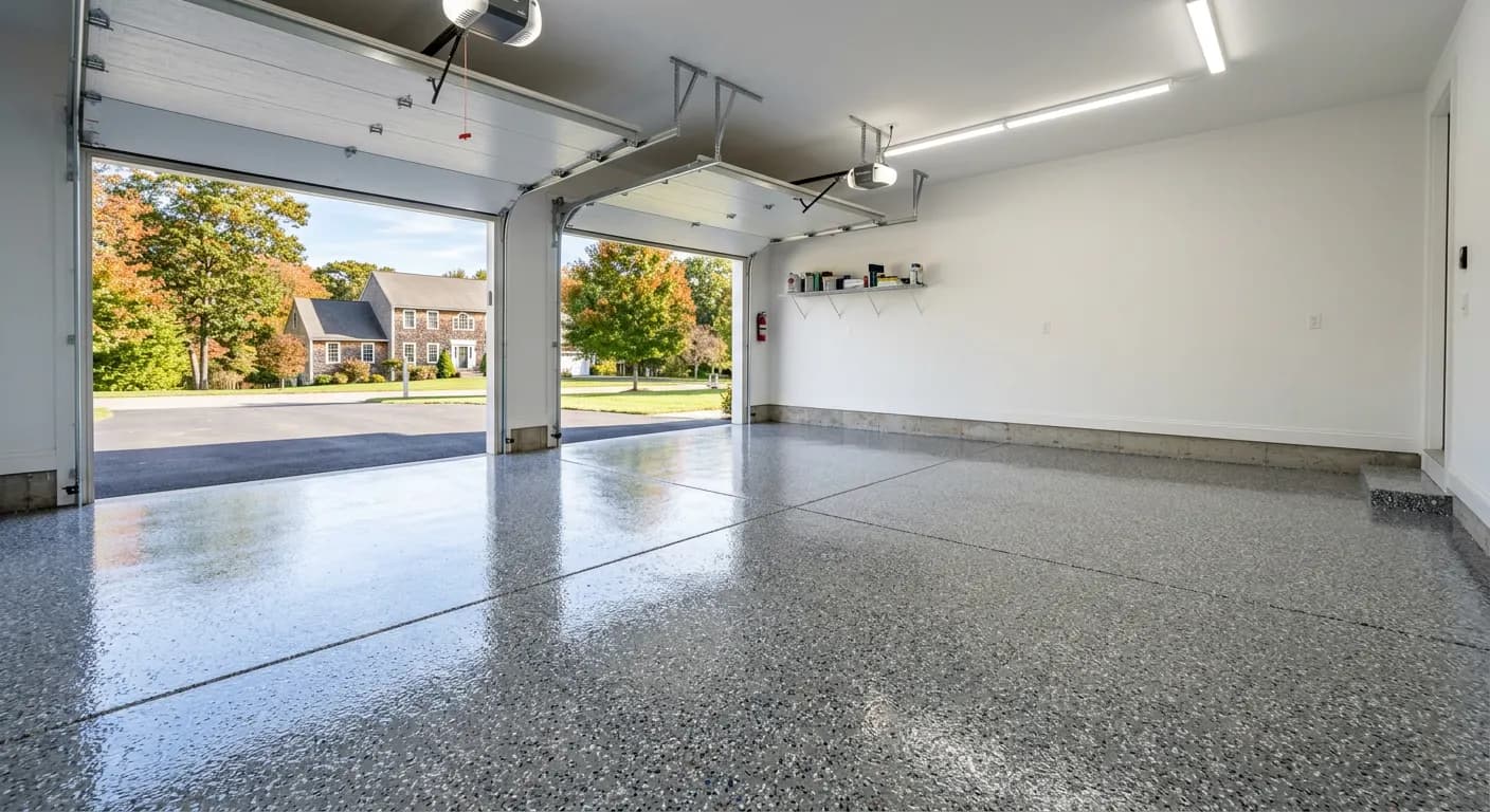 Glossy epoxy garage floor coating with decorative flakes in New Bedford MA