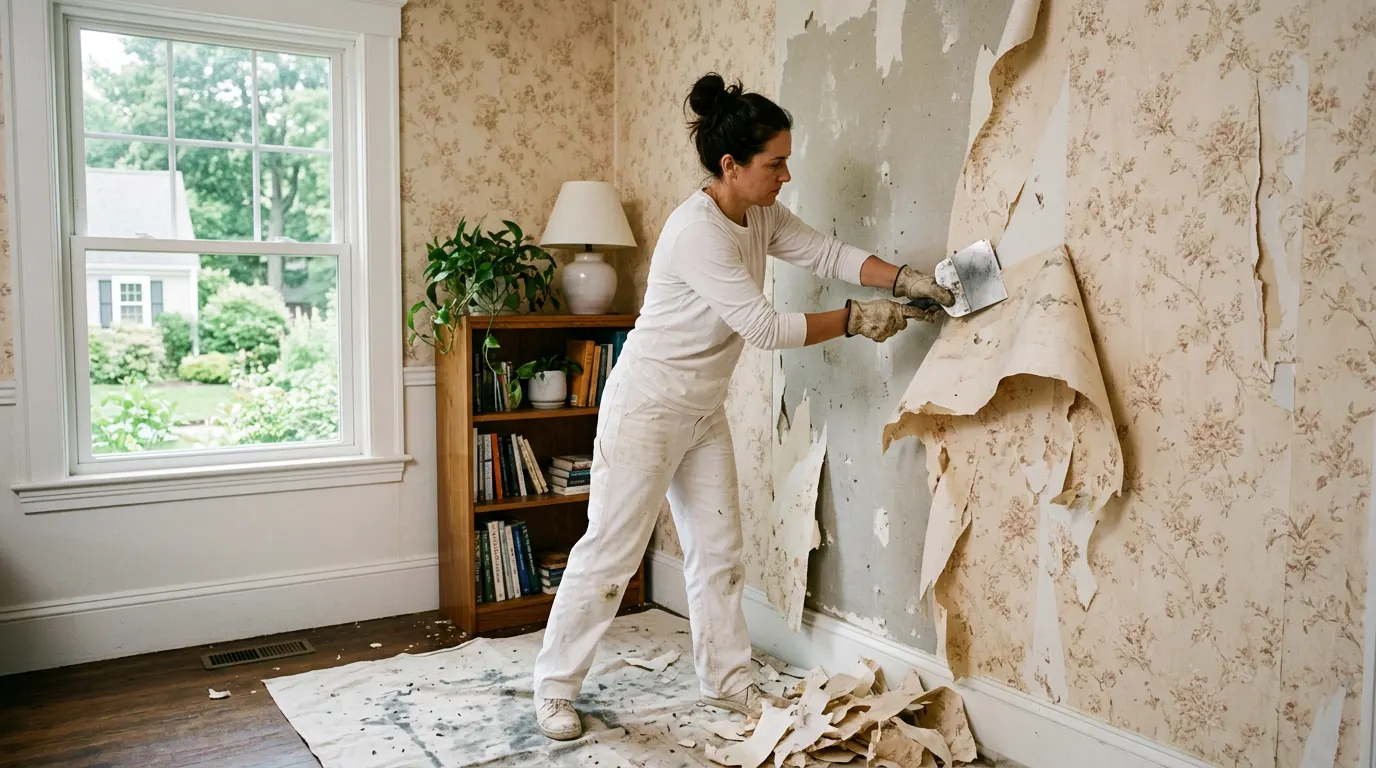 Painter scraping old floral wallpaper off a living room wall in New Bedford MA